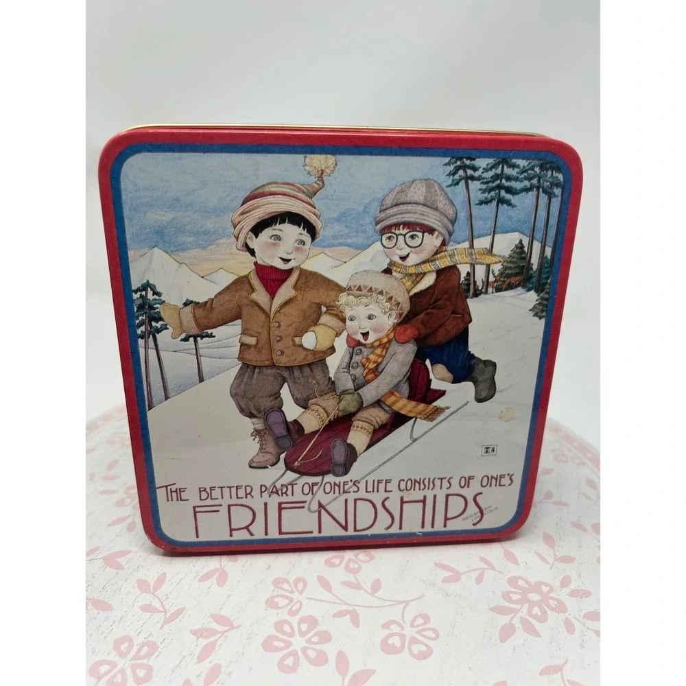 MARY ENGELBREIT Decorative Tin Blue Red Friendship Sledding Winter Scene Box